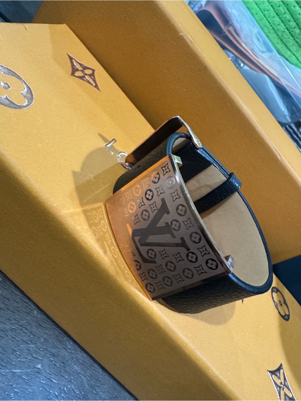 Black Leather Logo Cuff Bracelet